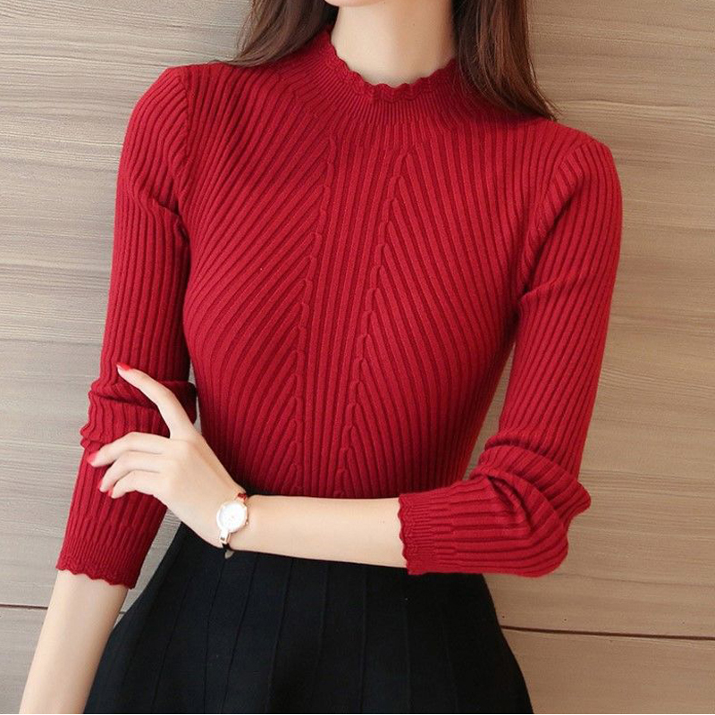 Vintage Autumn Winter Women Knitted Sweater Long Sleeve Lace Turtleneck Pullovers Femme Casual Elastic Slim Basic Tops Sweaters alx