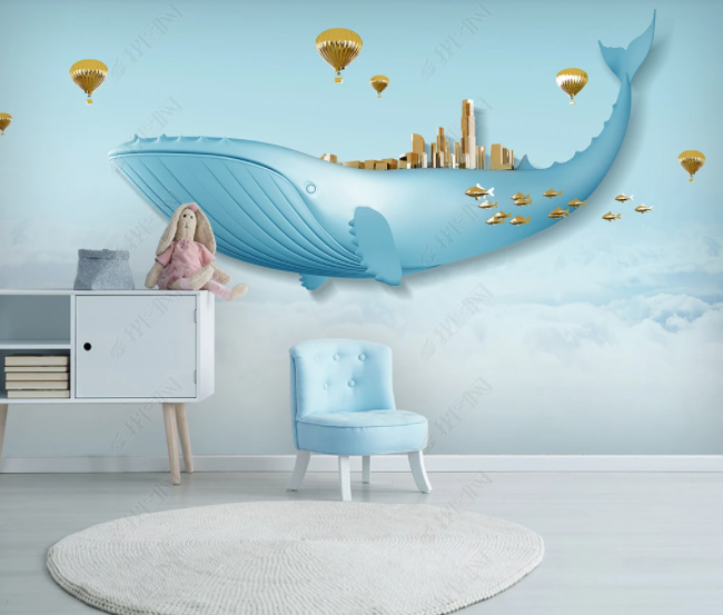 3D Cartoon Whale City Wall Mural Wallpaper Sww 104