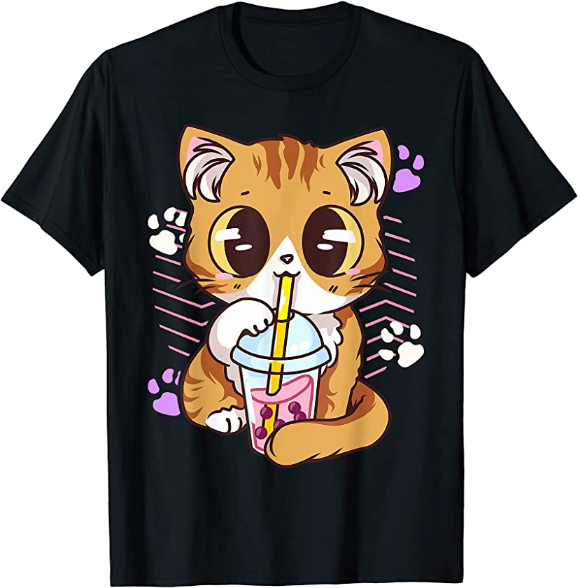 Cute Kawaii Cat Boba Bubble Milk Tea Anime Kitten T-Shirt