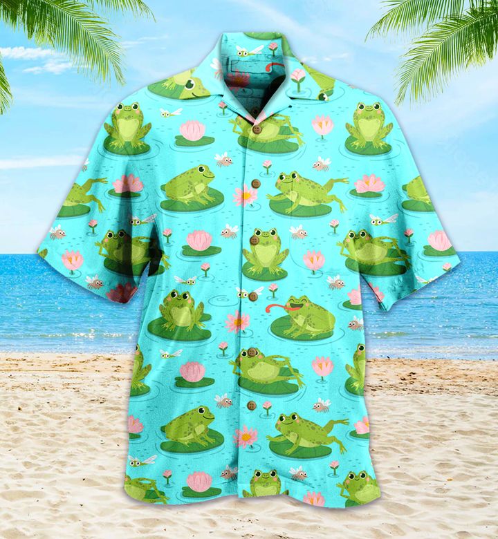 Cute Frog And Lotus Flower Blue Hawaii Shirt Ha35563