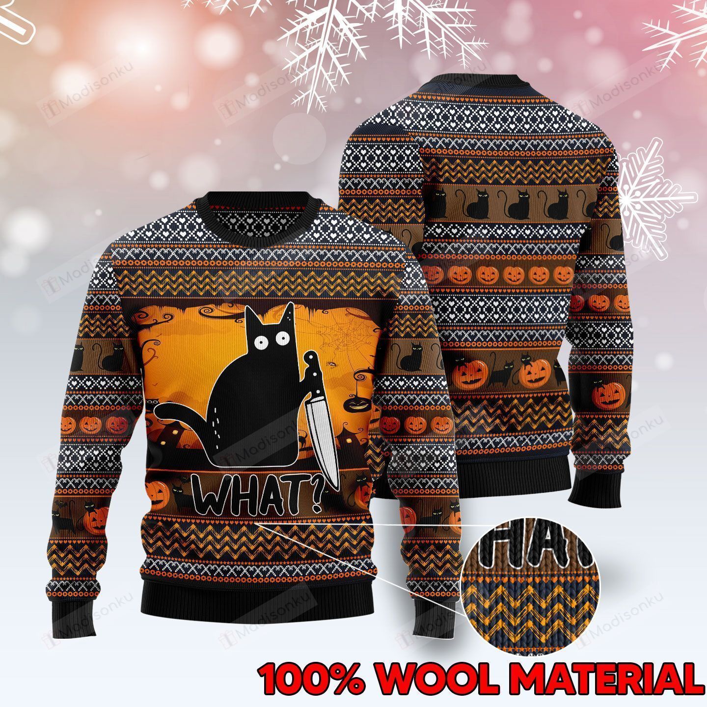 Black Cat What Funny Halloween Pumpkin Ugly Christmas Sweater, All Over Print Sweatshirt