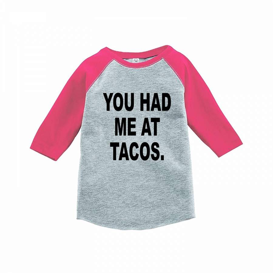 7 ate 9 Apparel Funny Kids You Had Me At Tacos Baseball Tee Pink