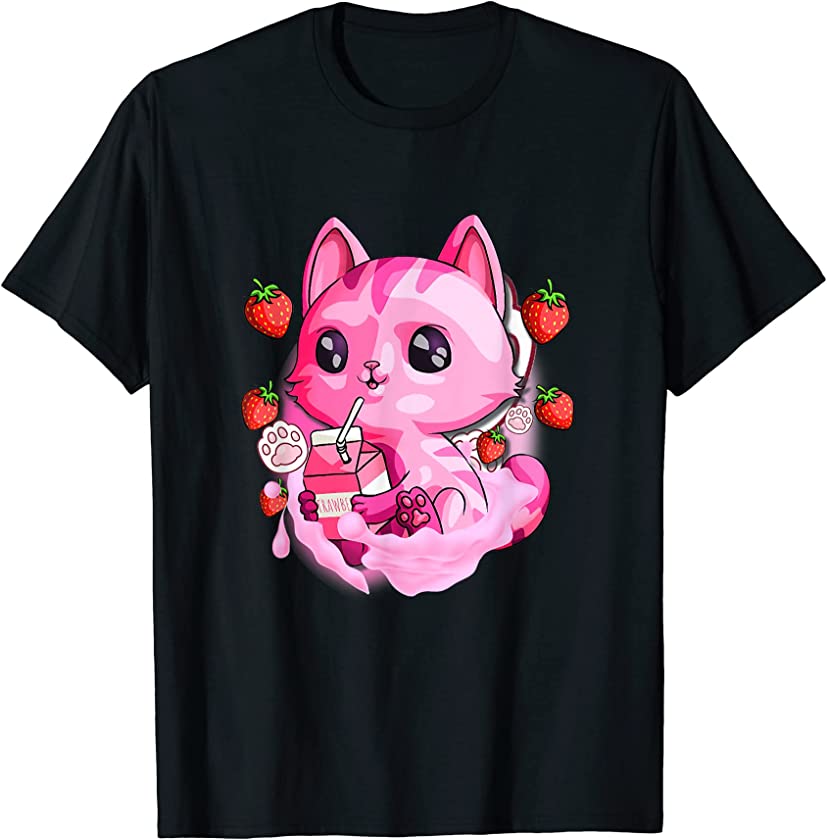 Strawberry Milk Cat Cute Kawaii Kitten Anime Gift Teen Girls T-Shirt