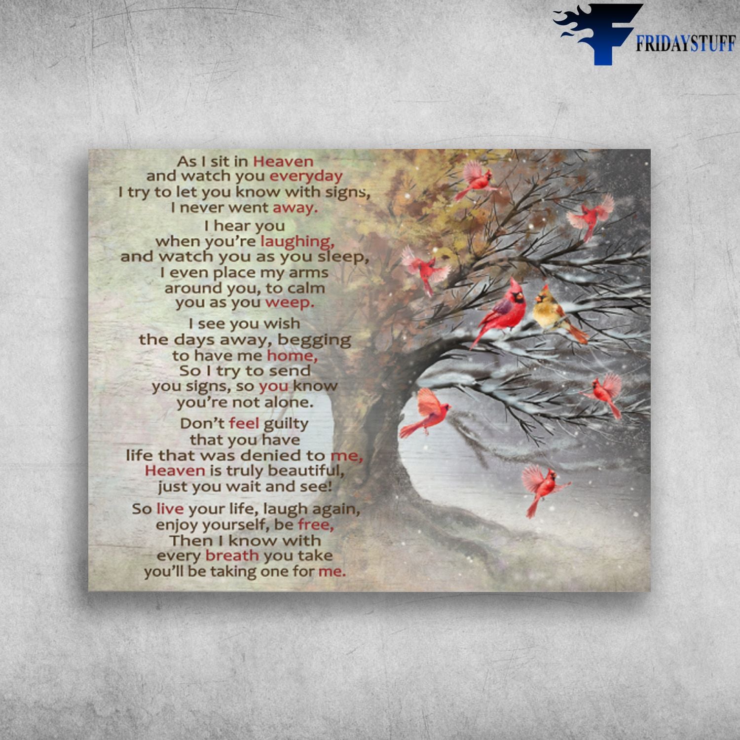 Beautiful Cardinal Bird As I Sit In Heaven And Watch You Everyday Canvas Christmas Gift Ideas