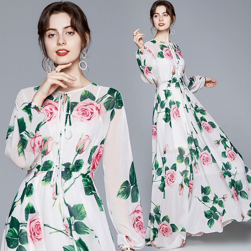 Banulin Summer Fashion Runway Boho Maxi Dresses Women’s Long Sleeve Rose Flowers Print Elastic Waist Holiday Elegant Long Dress alx