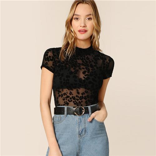 Black Leopard Mesh Sheer Tee Without Bra Slim Fit Short Sleeve T Shirt Women Stand Collar Stretchy Summer Sexy Fashion Tshirt Tops