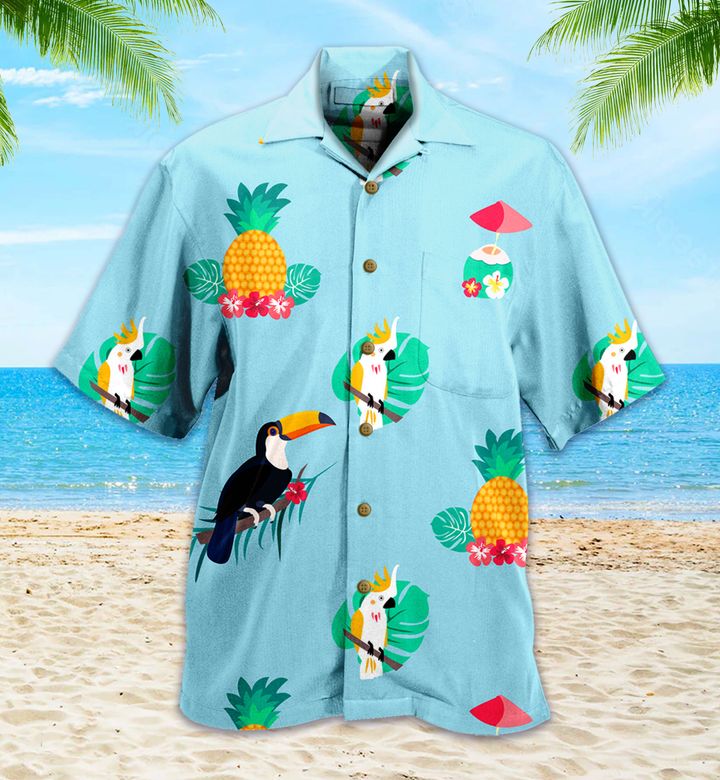 Tropical Pattern Parrots Pineapples Toucan Blue Hawaii Shirt Ha25324