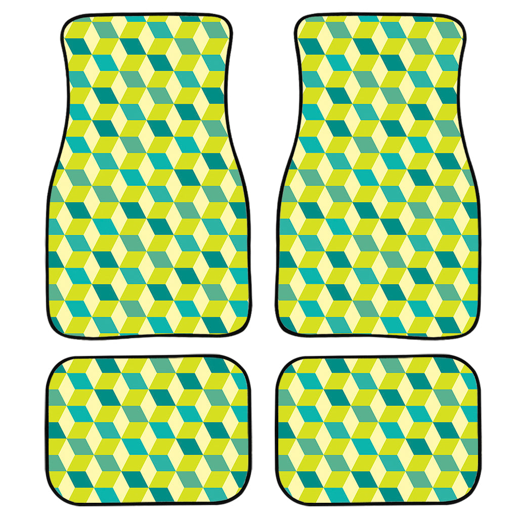 Green Geometric Cube Shape Pattern Print Front And Back Car Floor Mats, Front Car Mat