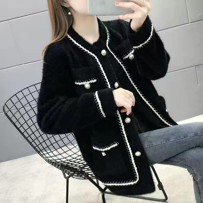 White Mink Cashmere Sweater Coat Women Autumn Winter Lazy Style Korean Retro Black Loose 0 Neck Knitted Cardigan Fashion alx