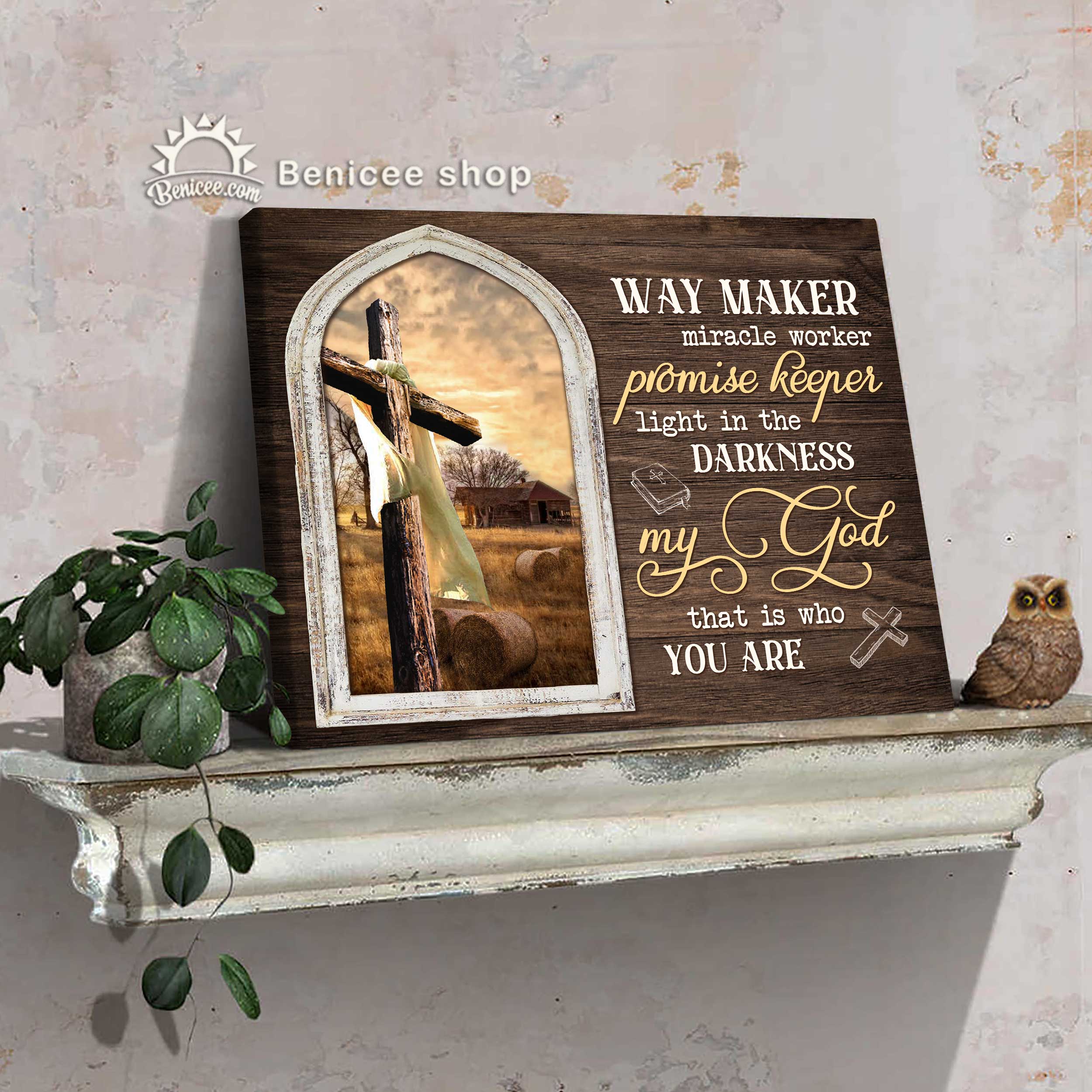 Farmhouse Wall Art Canvas Way Maker Miracle Worker Cross Rugged Benicee