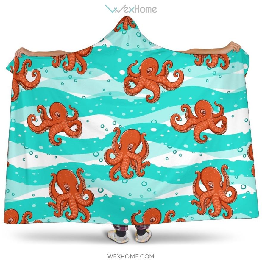 Octopuses Sea Wave Background Hooded Blanket