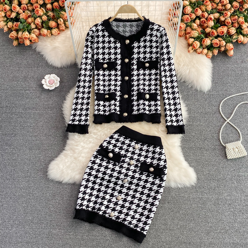 2021 Autumn Houndstooth Fashion Light Cooked Single-breasted Cardigan + High Waist Hip Wrap Skirt Vintage Elegant Two-piece Suit alx