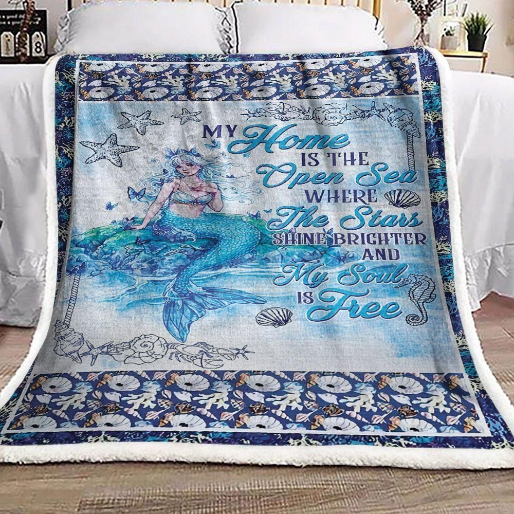 [Personalized Name] Blue Mermaid My Home Is The Open Sea Fleece Blanket, Sherpa Blanket, Gift For Aunt Gift For Parent, Family Member, Friends Gift, Christmas Gift, Home Decor, Home Living