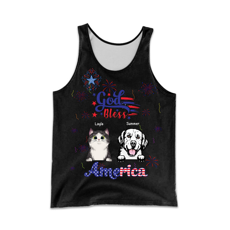 (Custom Personalised) 4Th Of July – God Bless Usa Men Tank Top Pets With Fireworks – Black Lt8