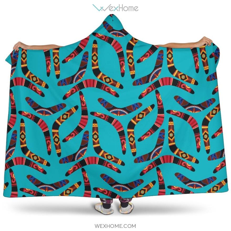 Boomerang Australian Aboriginal Ornament Blue Background Hooded Blanket