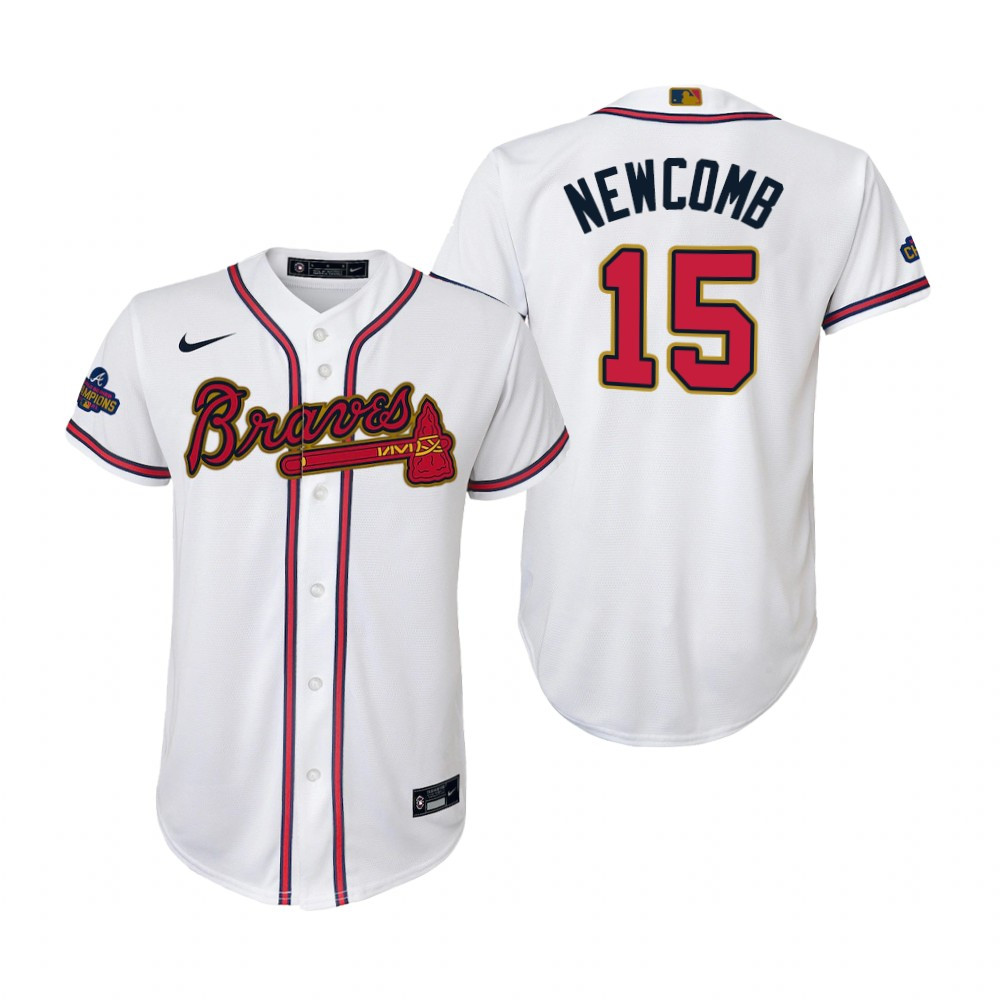 Youth Sean Newcomb 15 Jersey, Atlanta Braves White 2022-23 Gold Program Jersey