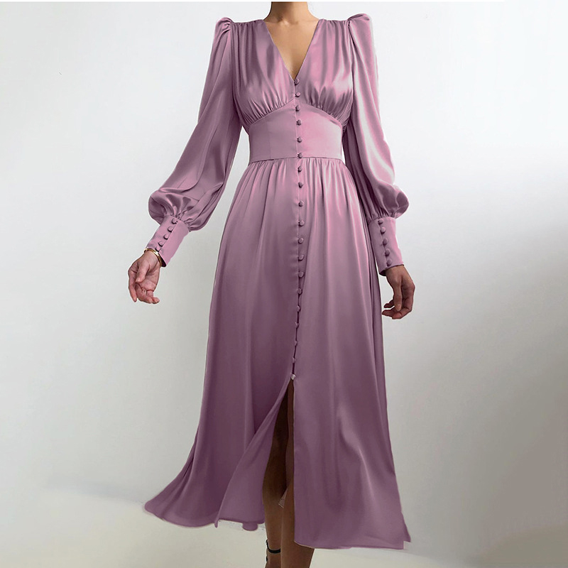 2022 Spring Evening Women’s Vintage Dresses High Waist Lantern Long Sleeve Satin Female A-Line Dress Elegant Lady Party Vestidos alx