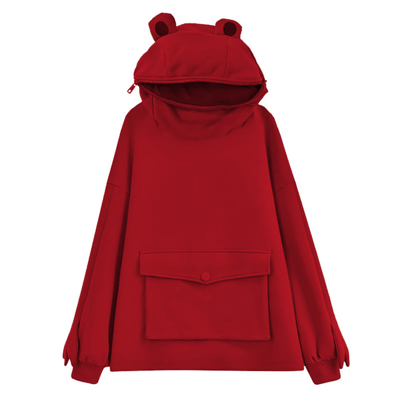 Women Novelty Frog Hoodie Cute Long Sleeve Solid Color Hooded Sweatshirt with Flap Pocket Lazy Style Simple Coat alx