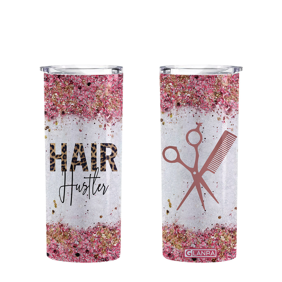 Hair Hustler Skinny Tumbler, Leopard Pattern Tumbler, Glitter Water Bottle, Stainless Steel Tumbler, Metal, Insulated