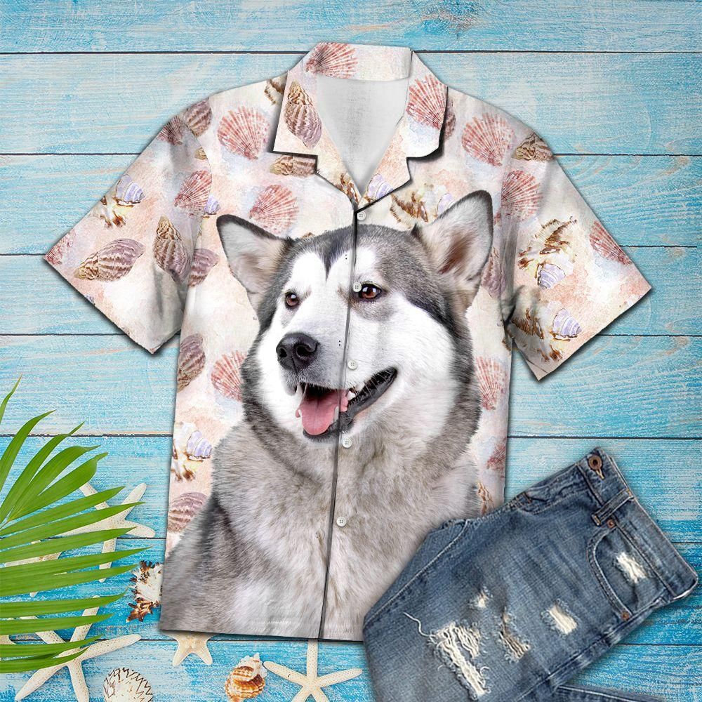 Aloha Shirt Seashells And Cute Alaskan Malamute Hawaii Ha50228