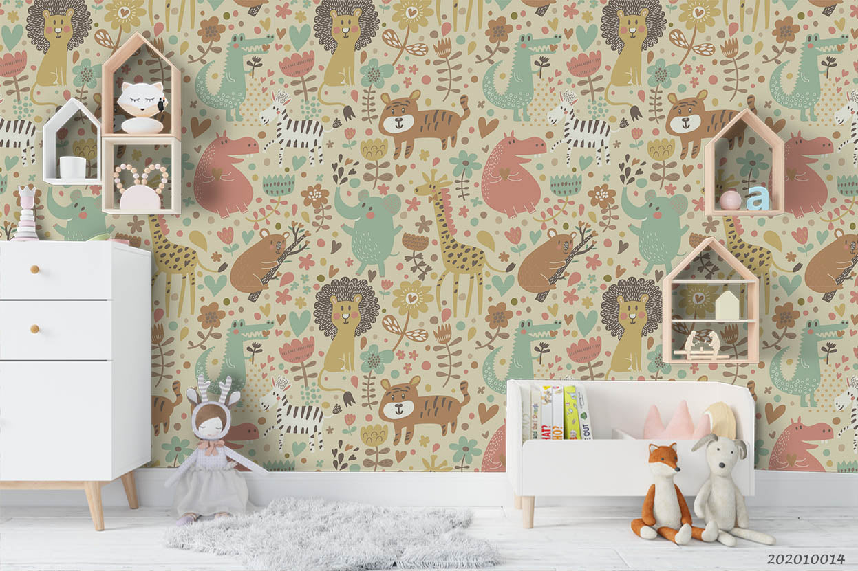 3D Cartoon Cute Animal Bear Fox Zebra Pattern Wall Mural Wallpaper Wj 5018