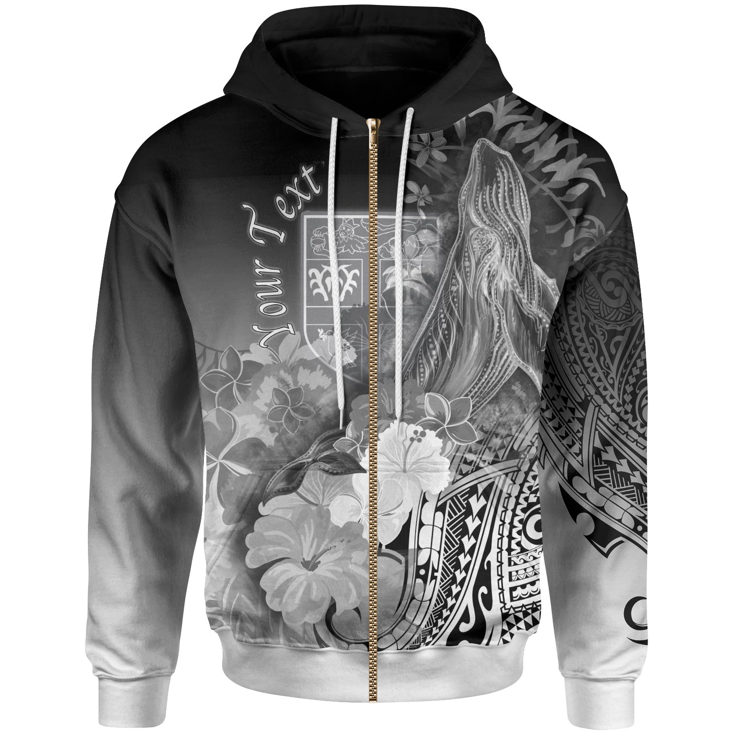 Fiji Personalised Zip-Up Hoodie – Humpback Whale with Tropical Flowers (White)- Pacific Print Hoodie