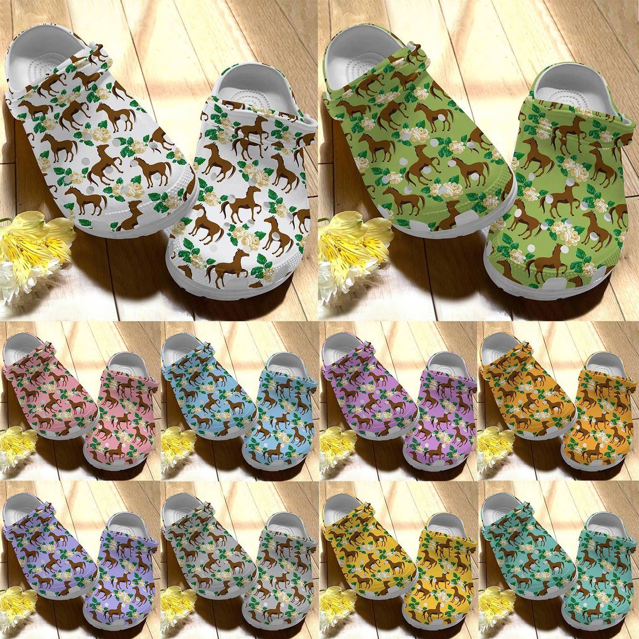 Horse Personalize Clog, Custom Name, Text, Fashion Style For Women, Men, Kid, Print 3D Whitesole Floral Horse Pattern 10 Colors