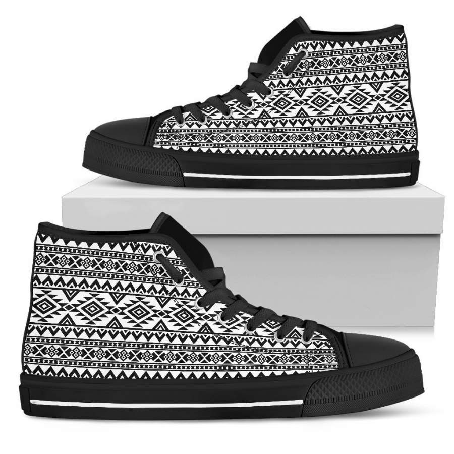 White And Black Aztec Pattern Print Men’s High Top Shoes