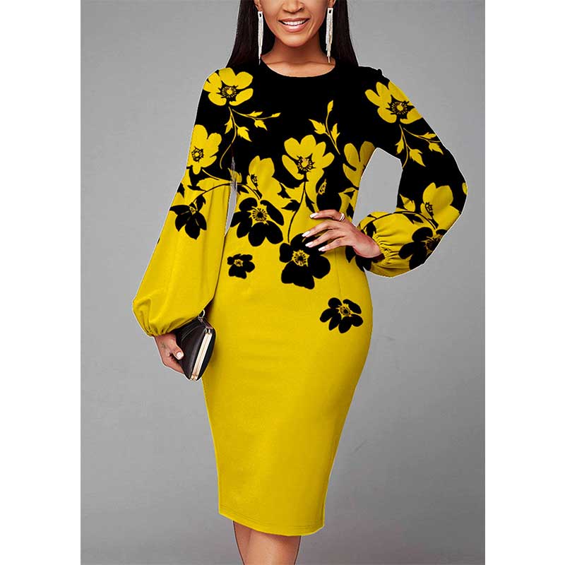 Women’s Clothing 2022 Autumn Winter Office Lady Round Neck Slim Puff Sleeve Floral Printing Dresses Women Midi Dress Robe Femme alx