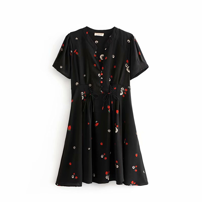 Vintage floral print black beach dress women short sleeve lace up mini dress Sexy button chiffon party dresses 2022 vestidos alx