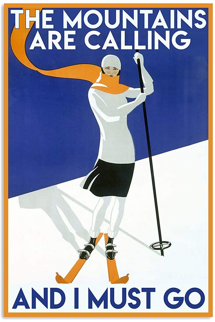 Vintage Girl Skiing The Mountains Are Calling Must Go Poster Art Print      Home Decor Gift For Men Women Family Friend On Birthday Xmas