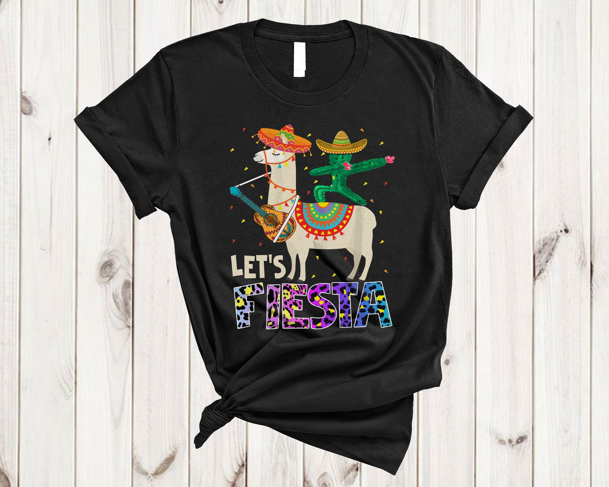 Cinco De Mayo Llama Shirt Let’S Fiesta Cute Cinco De Mayo Llama Cactus Dabbing Leopard T-Shirt