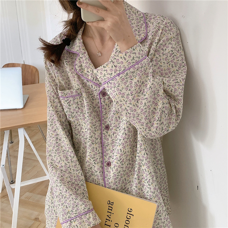 spring autumn women long sleeved chic pure cotton pajamas set fashion floral print home set pjs pyjamas loose female pjs L190 alx