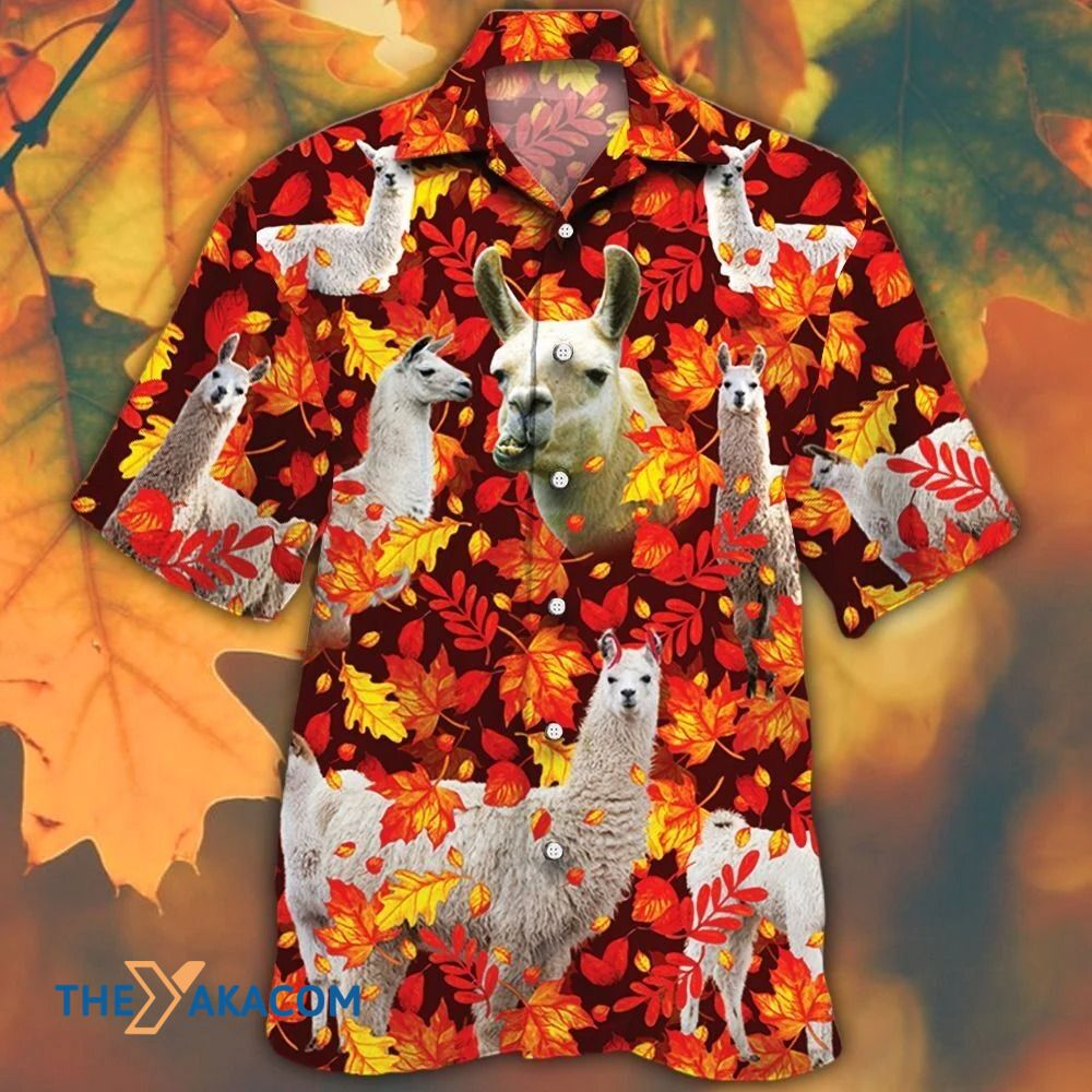 Llama Lovers Autumn Red Leaves Pattern Hawaiian Shirt Ha79566