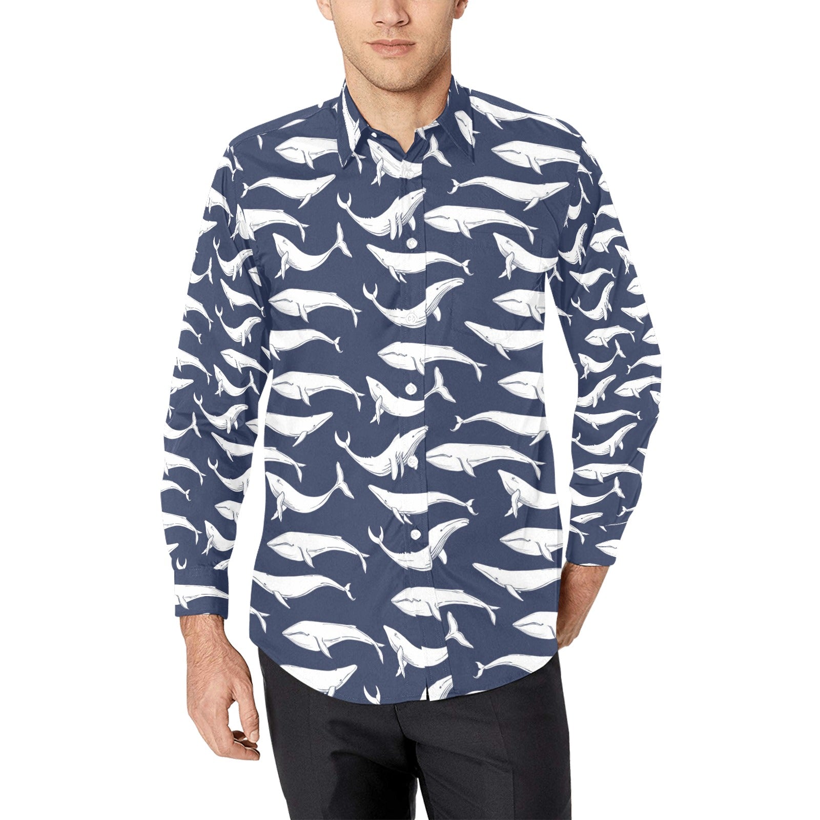 Whale Print Design Lks308 Long Sleeve Dress Shirt