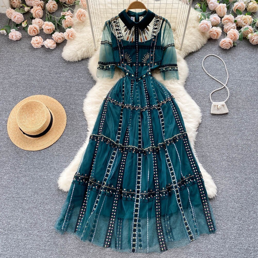 XFPV Women’s Temperament Mesh Embroidered Long Waist Closed Long Vestido Dress Sweet Korea Chic Girl’s Summer 2022 SM3144 alx