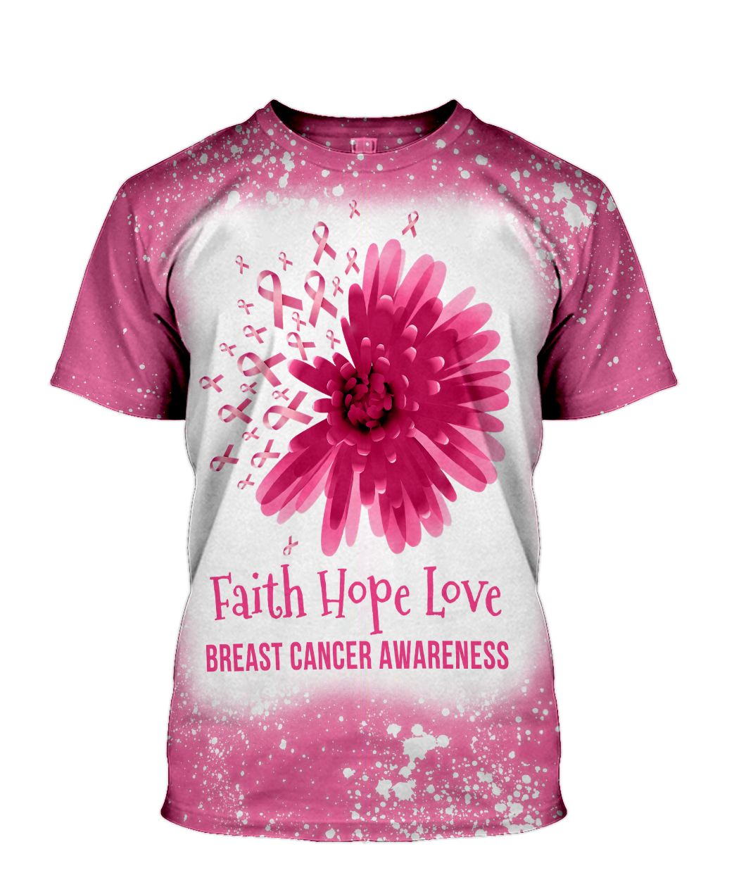 Gearhumans 3D Flower Faith Hope Love Breast Cancer Awareness Custom Bleached Tshirt