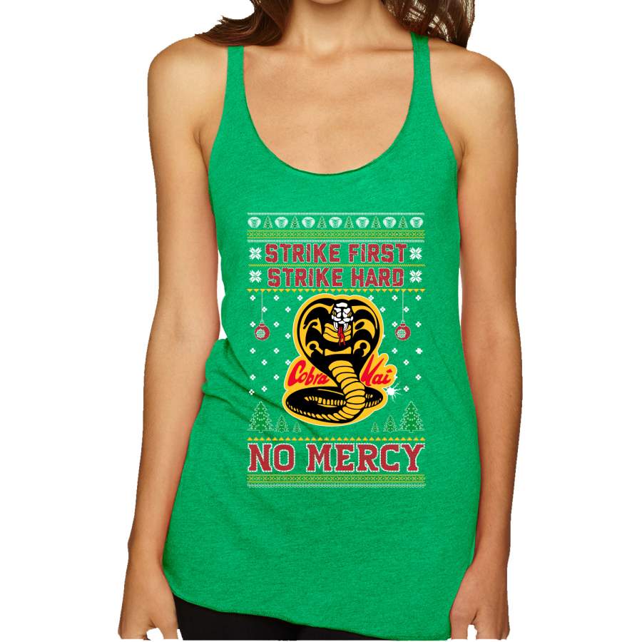 Strike First Strike Hard No Mercy Xmas Ugly Christmas Sweater Tri-Blend Racerback Tank Top