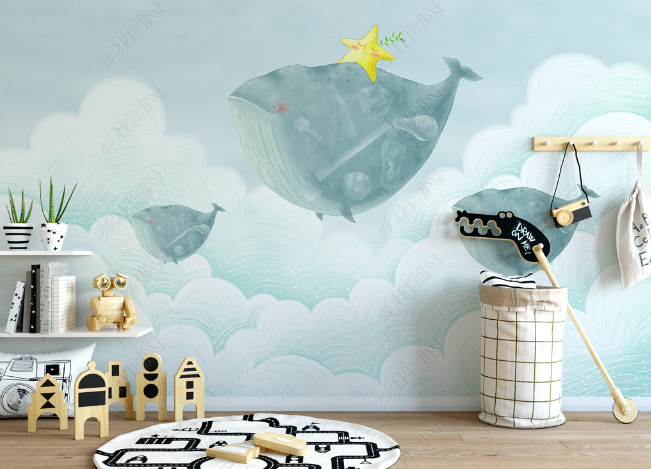 3D Watercolor Sky Cloud Whale Wall Mural Wallpaper Lqh 38