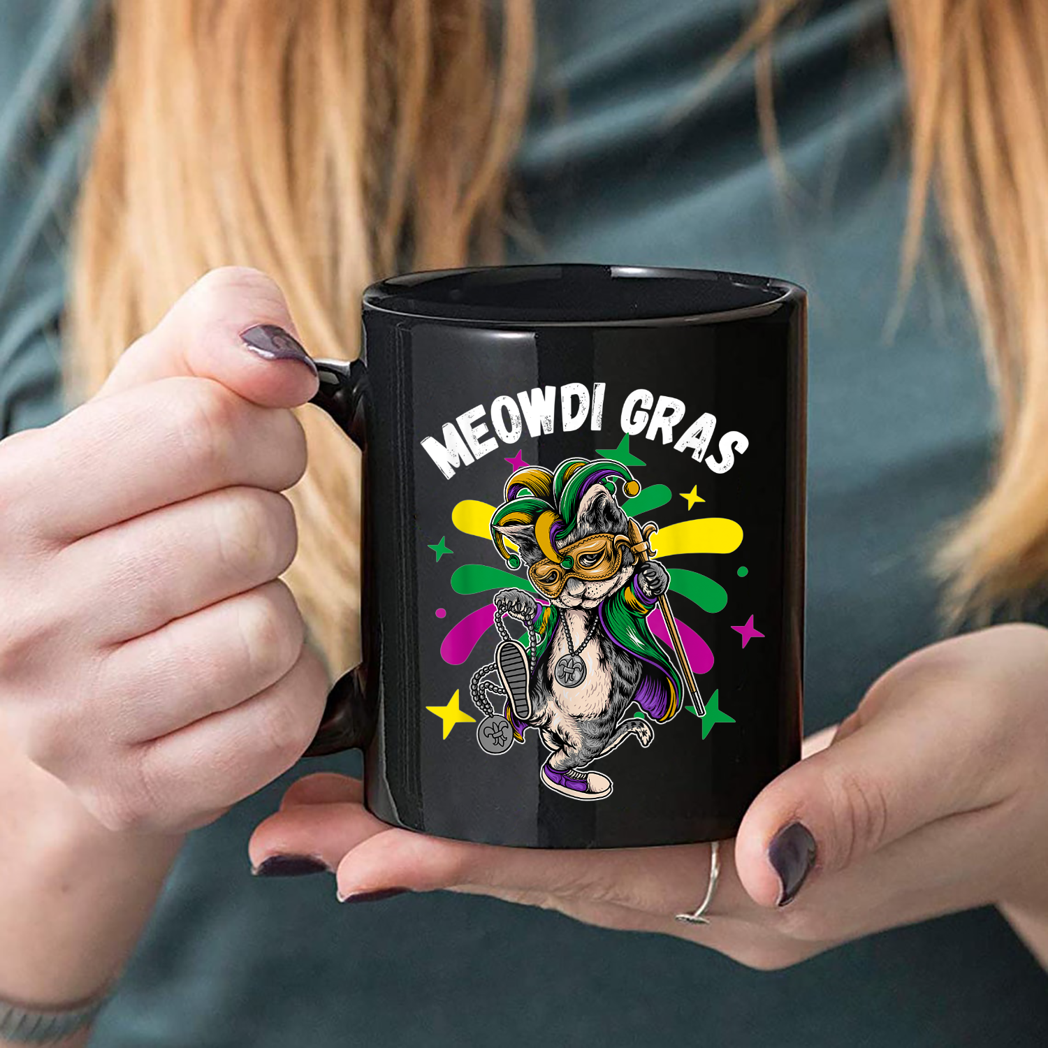 Meowdi Mardi Gras Cat Kitty Lover Kitten Owner Mask Beads Mug Black Ceramic 11-15oz Coffee Tea Cup