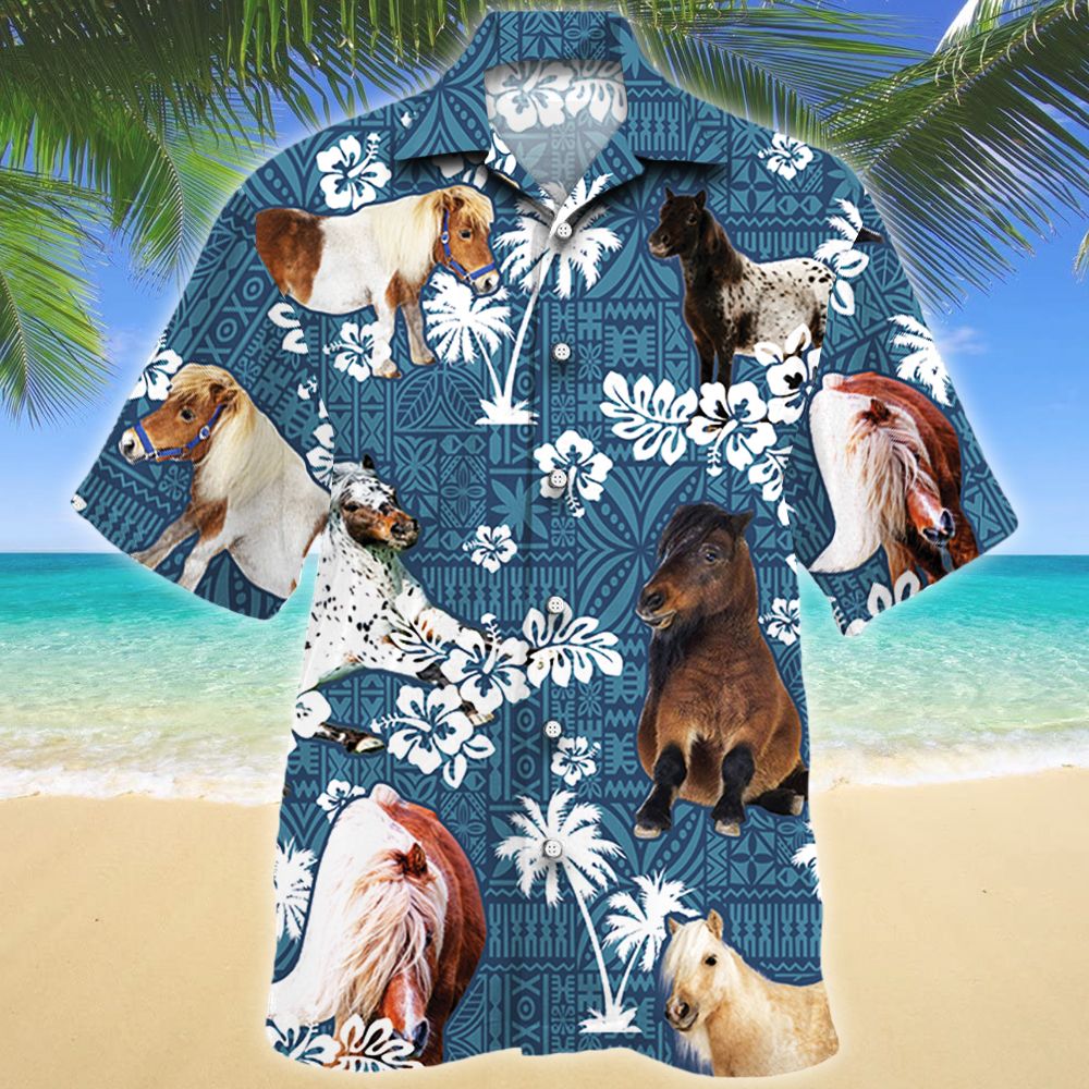 Miniature Horse Blue Tribal Pattern Hawaiian Shirt Ha93035