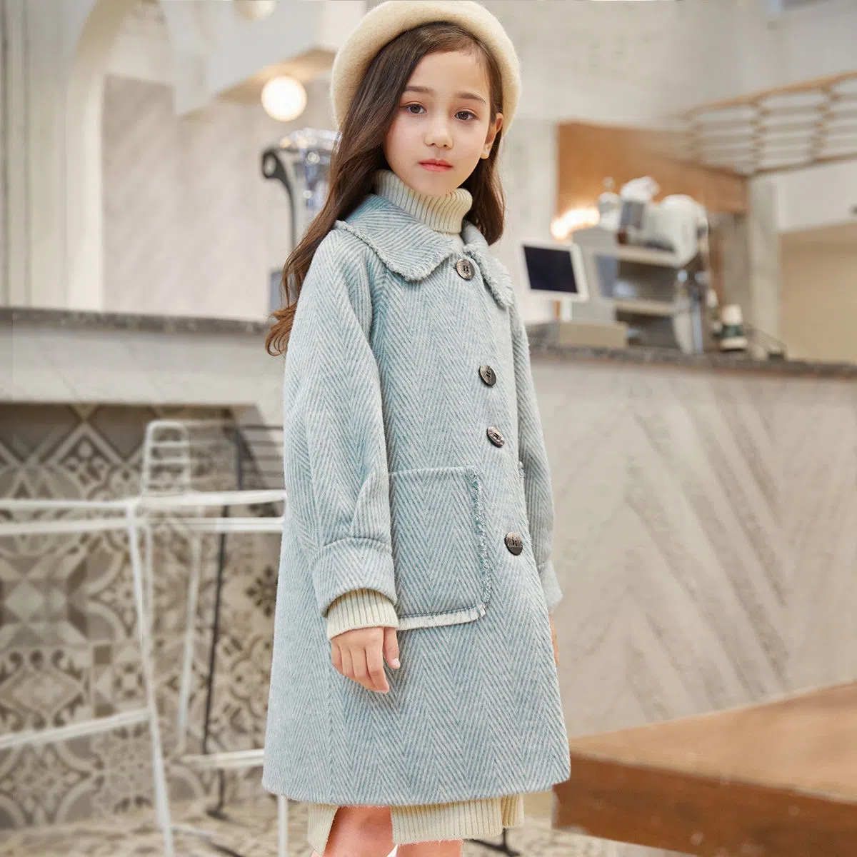 Autumn Girls Woolen Dress Jacket with Pockets Kids Button Lapel Lining Long Coat for Girls Blue Beige Elegant Trench Coat 6-14 alx