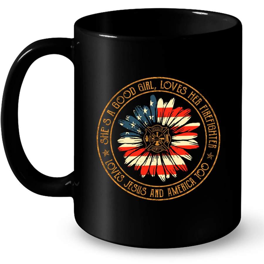 She’s A Good Girl Loves Her Firefighter Loves Jesus And America Too, Circle Vintage Classic Retro – Full-Wrap Coffee Black Mug