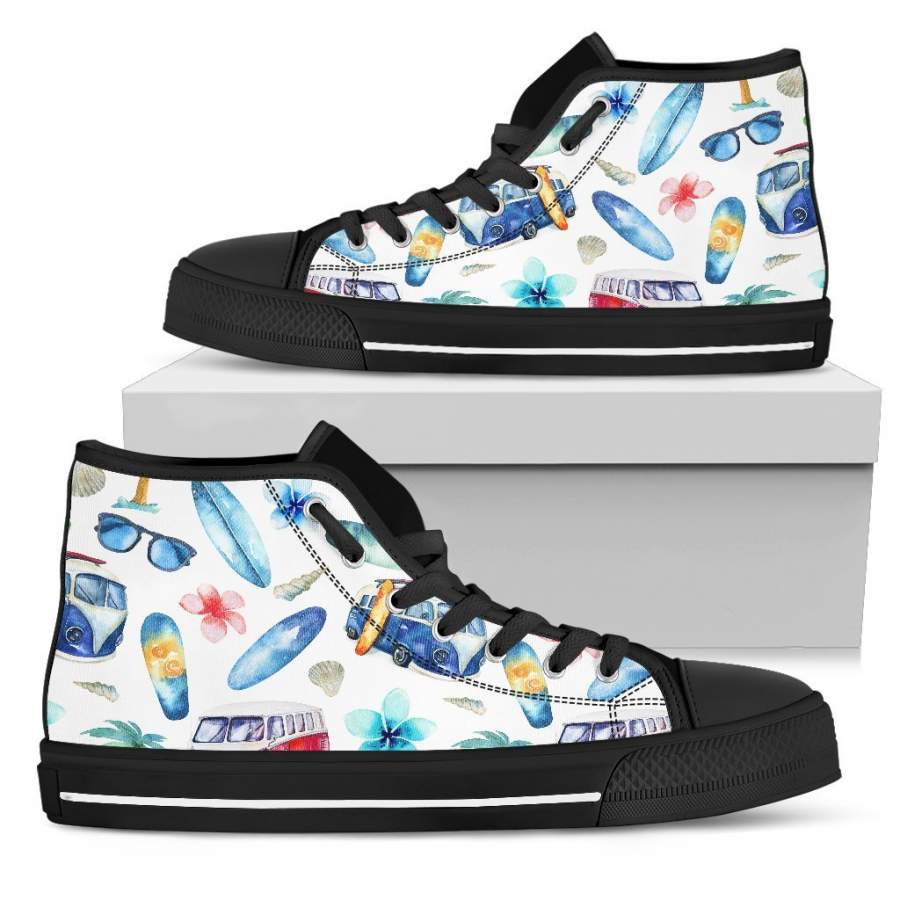 Watercolor Surfing Pattern Print Men’s High Top Shoes