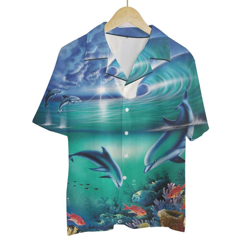 Hawaiian Shirt Colorful Animals Dolphin (Green Wave) Hawaiian Shirt For Men, Hawaiian Shirt For Women, Aloha Shirt