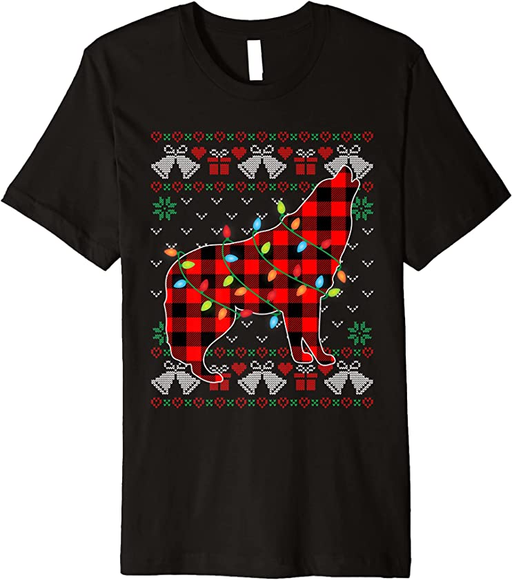 Wolf Lover Funny Xmas Lights Ugly Christmas Sweater Premium T-Shirt