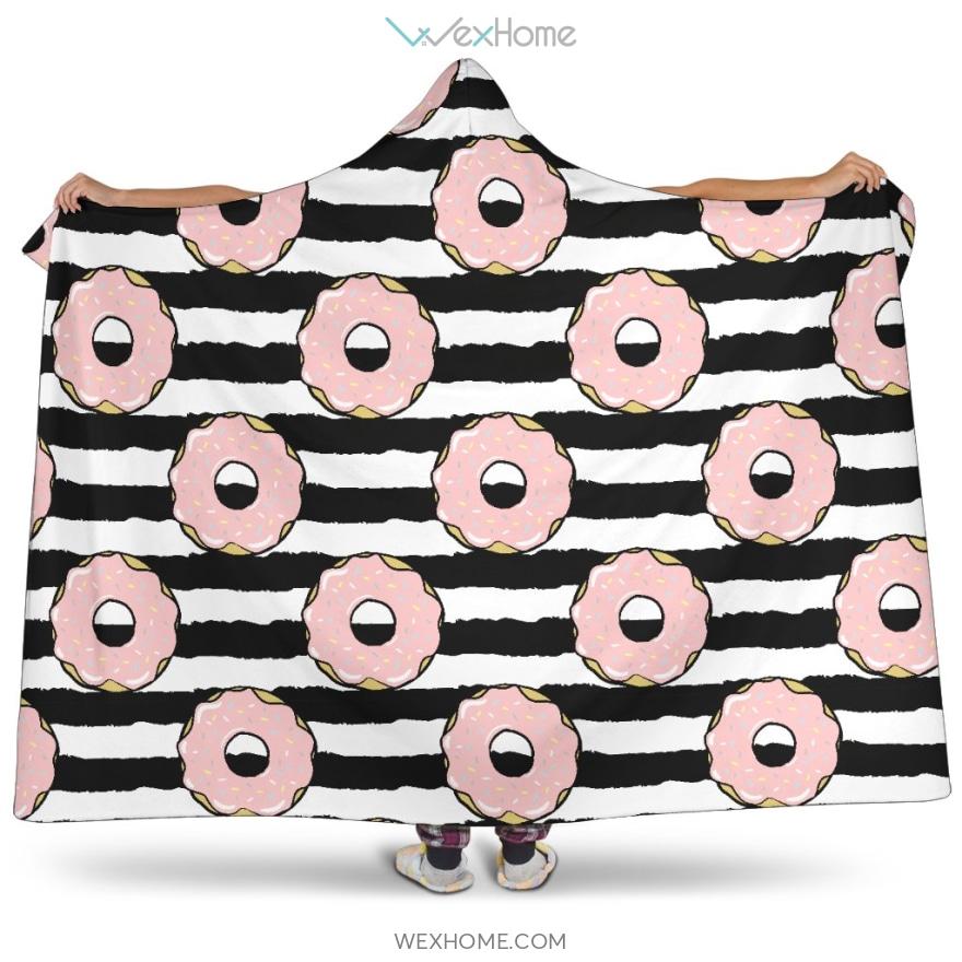 Donuts Pink Icing Striped Pattern Hooded Blanket