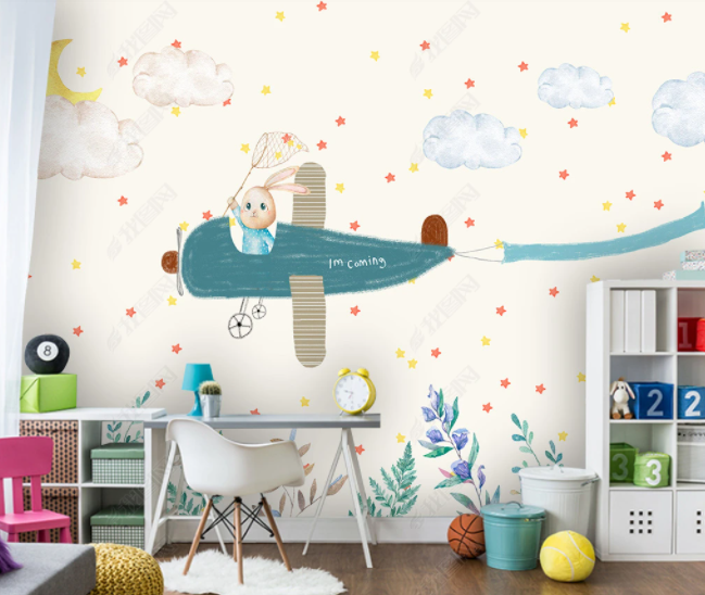 3D Hand Drawn Sky Cloud Moon Star Aircraft Animal Rabbit Plant Leaf Wall Mural Wallpaper Lll 2801