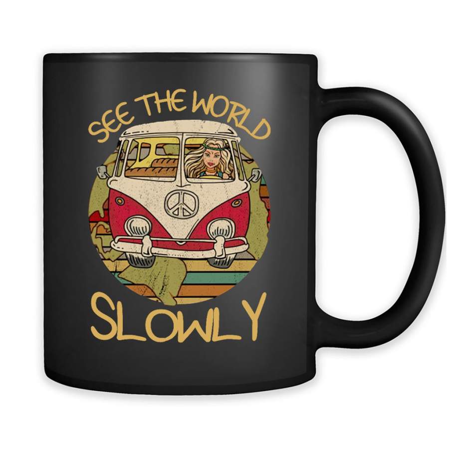 See The World Slowly Hippie Girl Peace Sign, Classic Vintage Design A – Full-Wrap Coffee Black Mug