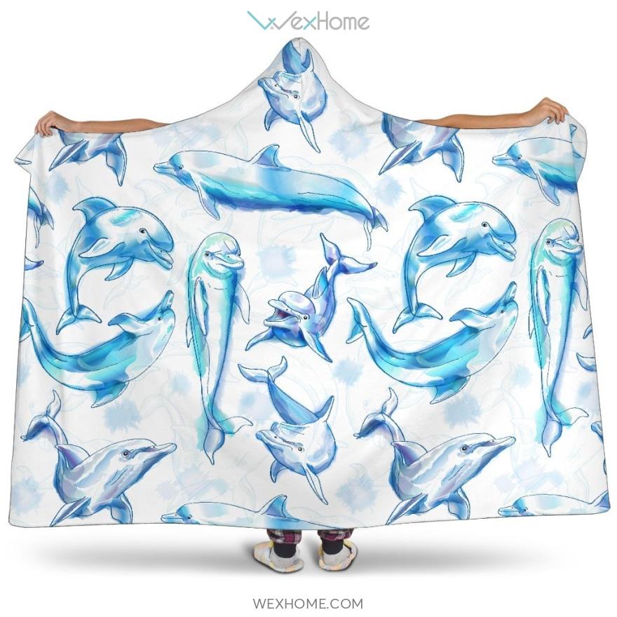 Watercolor Dolphin Pattern Hooded Blanket